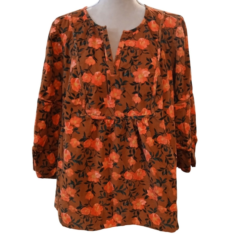 SONOMA 2x Floral Corduroy Tunic Top Tiered Ruffle Sleeve Boho Peasant Tan Pink